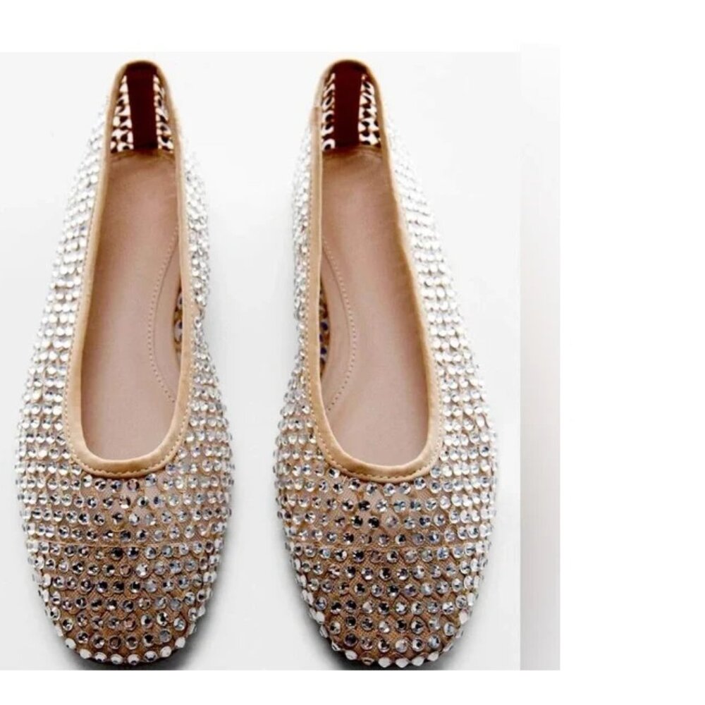 Mango Rhinestone Ballerina Flats NWT 39 US 8.5 Nude